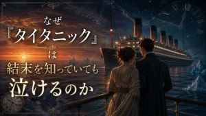 『タイタニック』はなぜ結末を知っていても泣けるのかを表現した、豪華客船と男女の後ろ姿のアイキャッチ画像