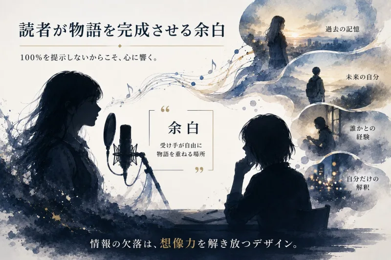 匿名的な発信者の声を受け取った読者が、自分の過去や未来の記憶を重ねながら物語を完成させていく様子を表した挿絵画像